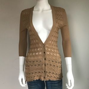 Trina Turk Long Cardigan Tan Camel Button Up Light Texture 3/4 Sleeve Stretch